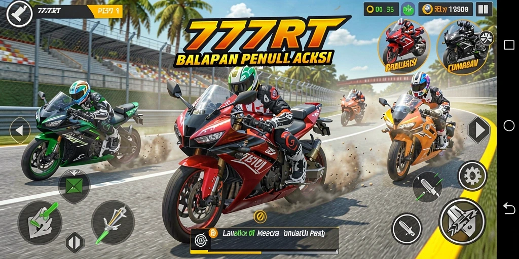 Screenshot gameplay 777RT menampilkan balapan motor yang mendebarkan.