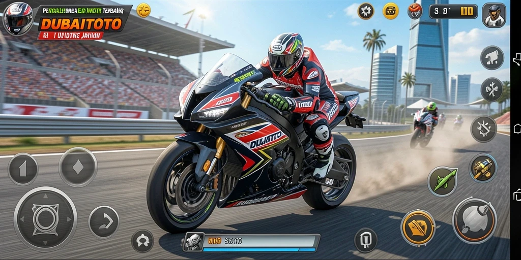 Tampilan gameplay <strong>DUBAITOTO</strong> dengan aksi balap motor yang mendebarkan.