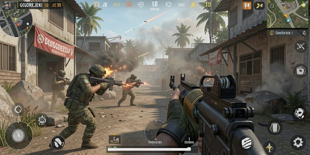 Screenshot gameplay GOGOREJEKI yang menampilkan aksi tembak-menembak yang mendebarkan.