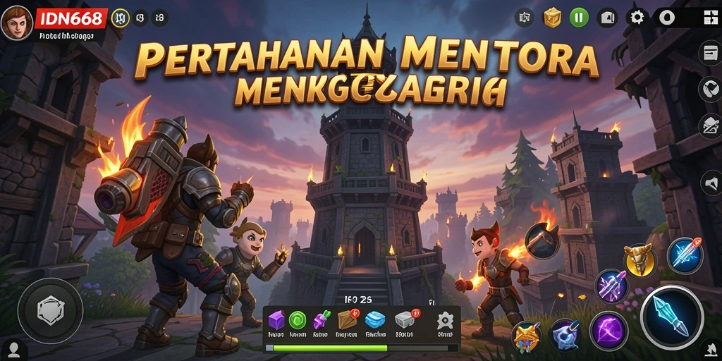Tangkapan layar menunjukkan aksi menara mempertahankan base dari serangan musuh.
