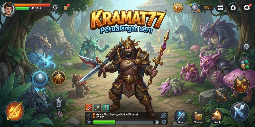Screenshot gameplay KRAMAT77 menunjukkan aksi pertarungan dan pembangunan kerajaan.