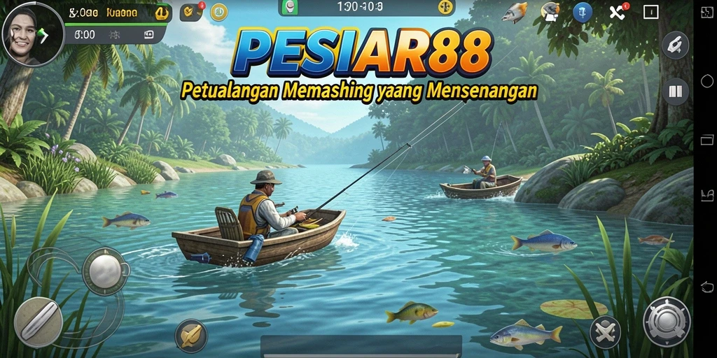 Screenshot utama PESIAR88 menampilkan aksi memancing yang seru di lautan.