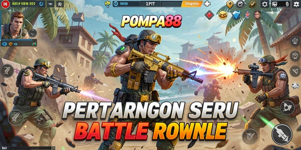 Screenshot utama POMPA88 yang menunjukkan aksi gameplay Battle Royale yang mendebarkan.