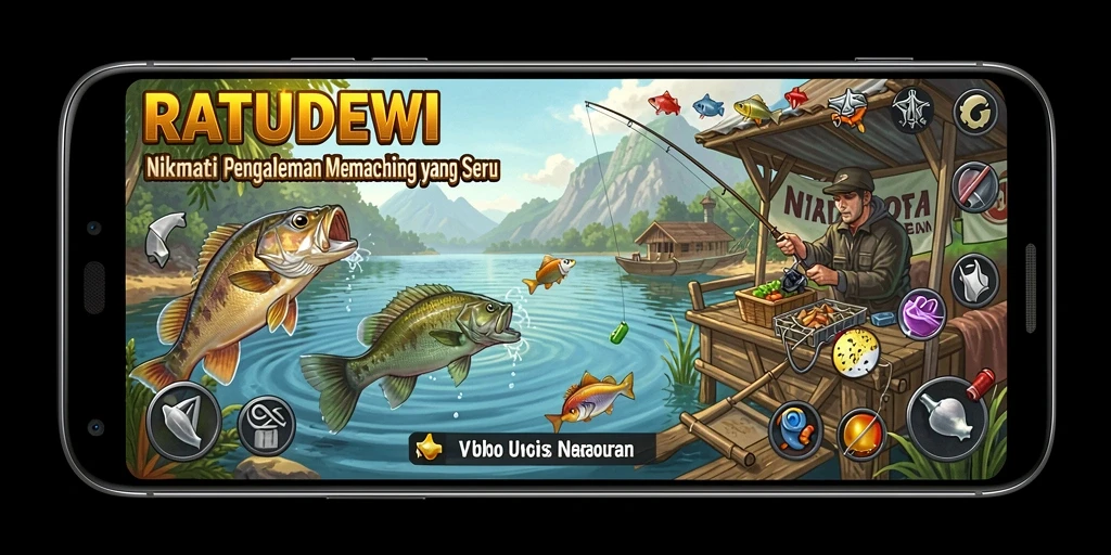 Screenshot gameplay RATUDEWI menampilkan momen mendebarkan saat memancing ikan besar.
