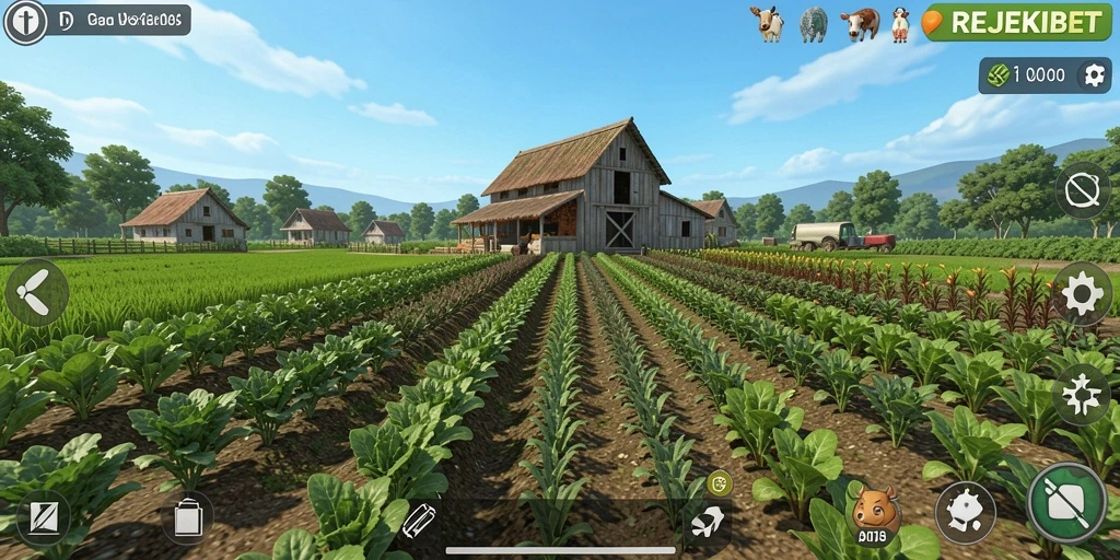 Screenshot gameplay REJEKIBET yang menunjukkan kebun yang subur dan penuh warna.