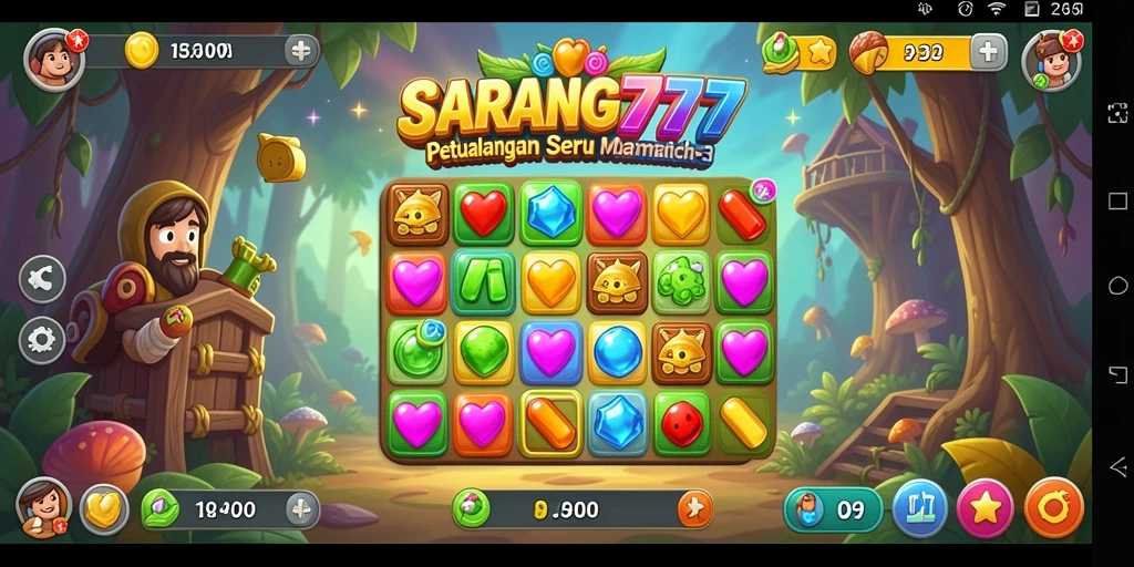 Tampilan gameplay SARANG777 yang penuh aksi Match-3.