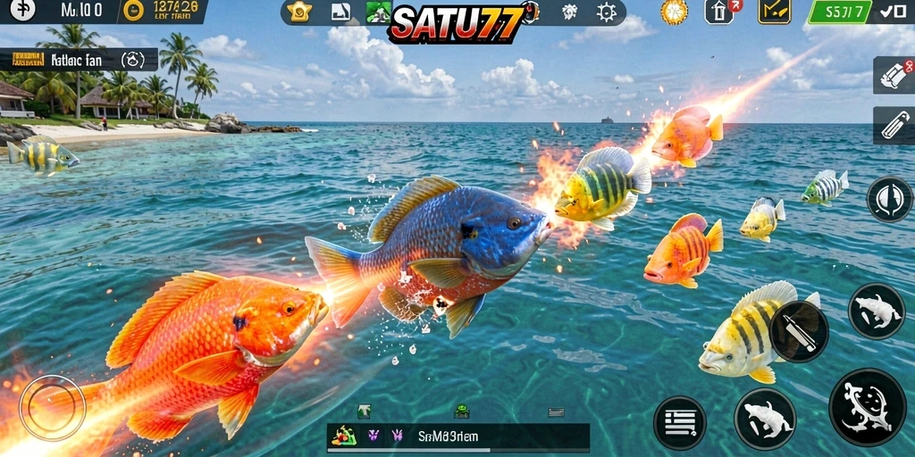 Screenshot SATU77 menampilkan gameplay menembak ikan yang seru dan penuh aksi.