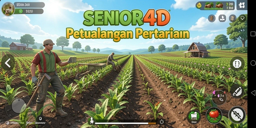 Screenshot gameplay SENIOR4D menampilkan ladang hijau yang subur dan aktif.