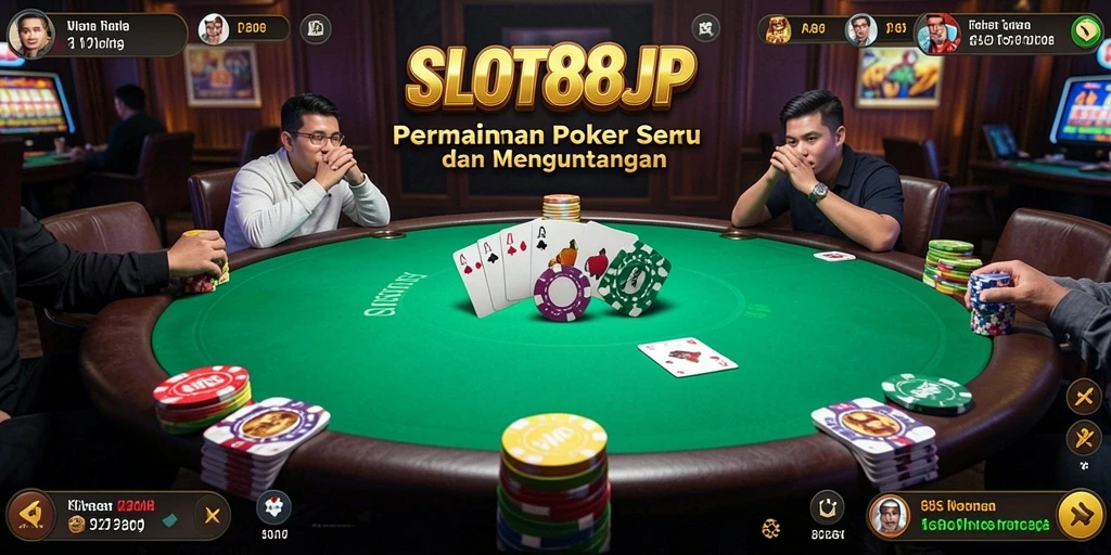 Tampilan gameplay SLOT88JP dengan suasana turnamen Poker yang mendebarkan.
